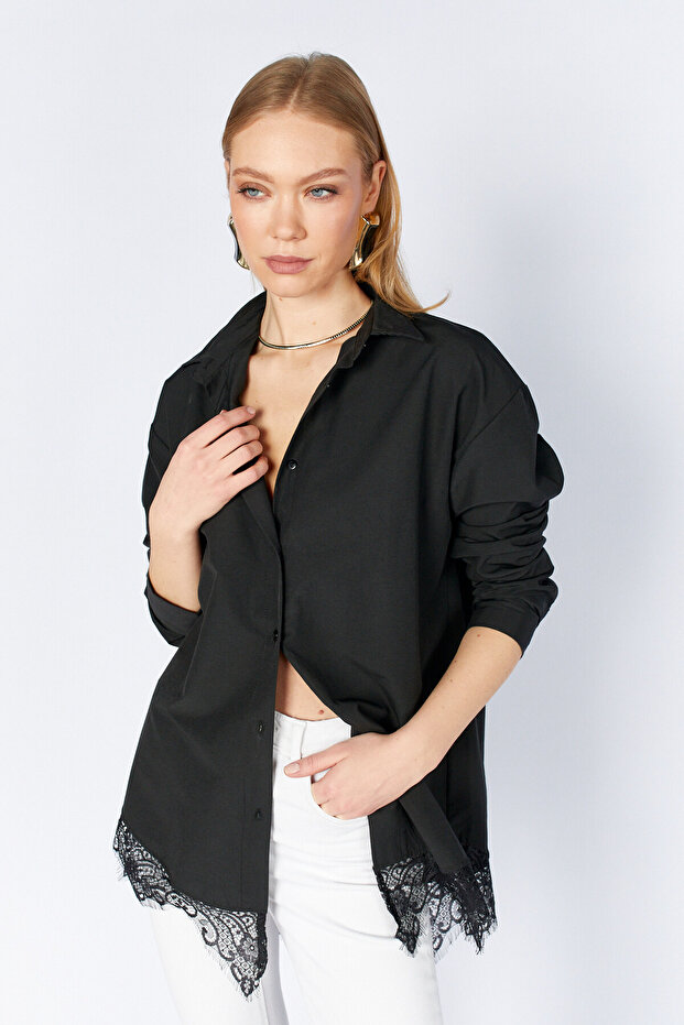 Black Lace Detailed Oversized Shirt | Mks1610965-1