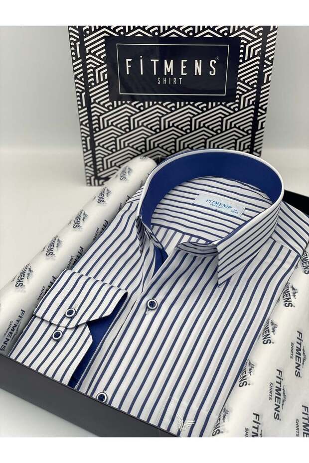 Classic Long Sleeve Thick Striped Gift Boxed Men's Shirt Fs-001260 - White Cobalt Blue