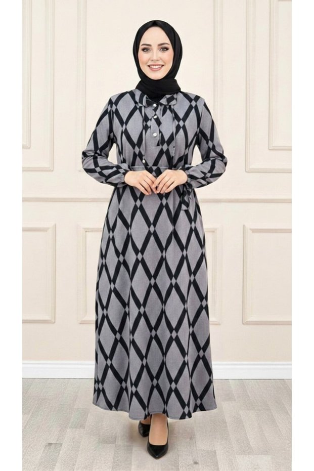 Duru Dress Gray Karin Fabric Diamond Pattern Dress with Button Detail and Belt