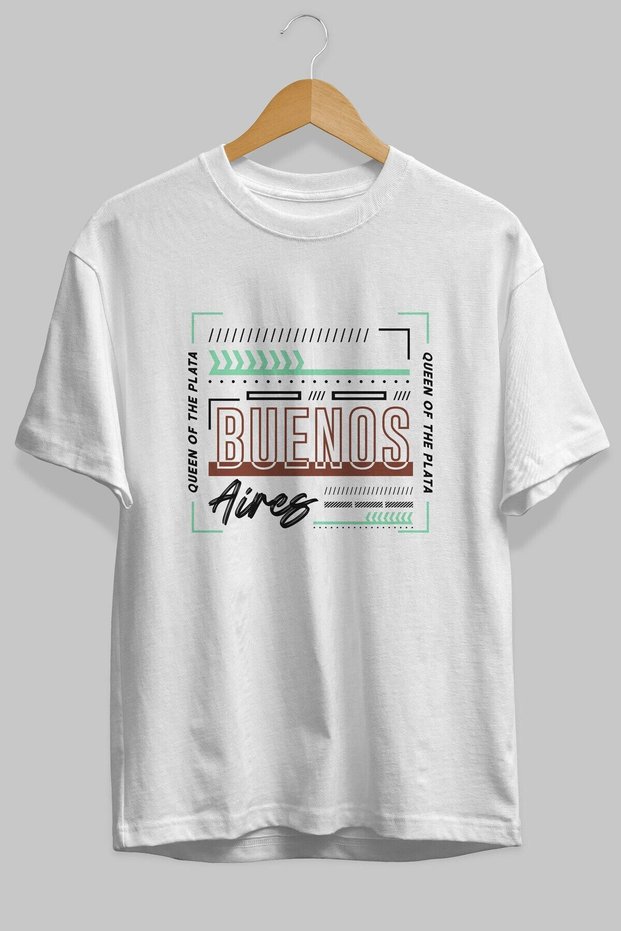 Buenos Aires Front Printed White Oversize T-shirt Unisex Men's Women's Crew Neck