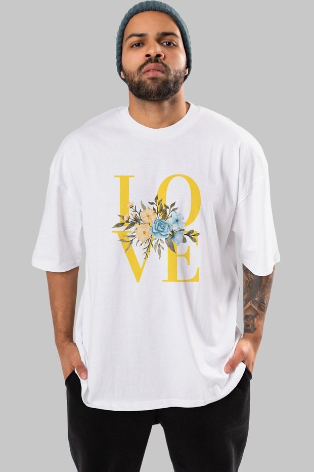 Love Flower Front Printed White Oversize T-shirt Men's Women's Crew Neck