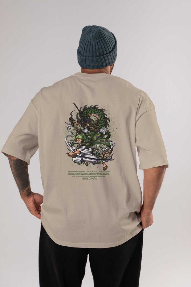 Zoro-ONE PIECE Anime Back Printed Beige Oversize t-shirt 100% cotton Men Women