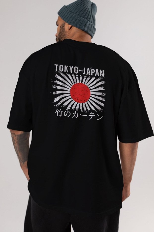 Tokyo Japan Printed Back Black Oversize T-shirt Unisex Men's Women's Crew Neck
