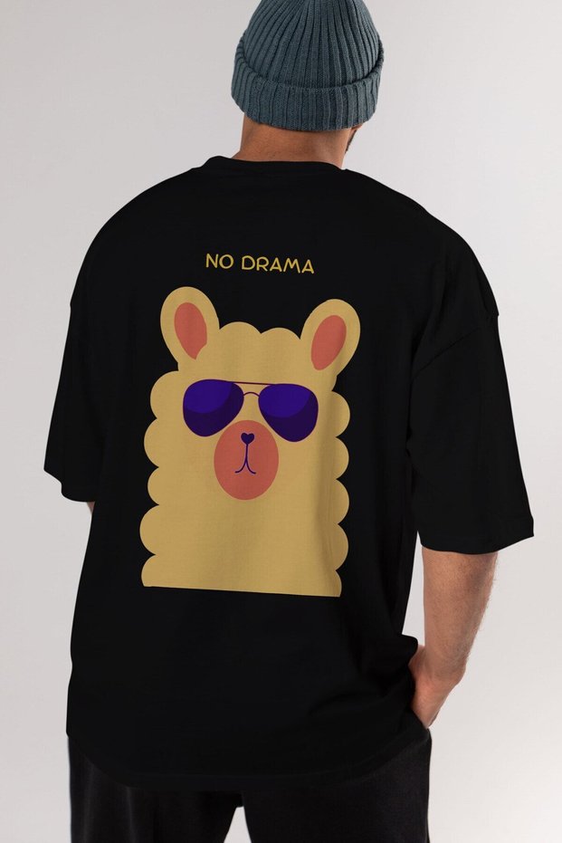 No Drama Written Llama Back Printed Black Oversize T-shirt Men's Women's Crew Neck