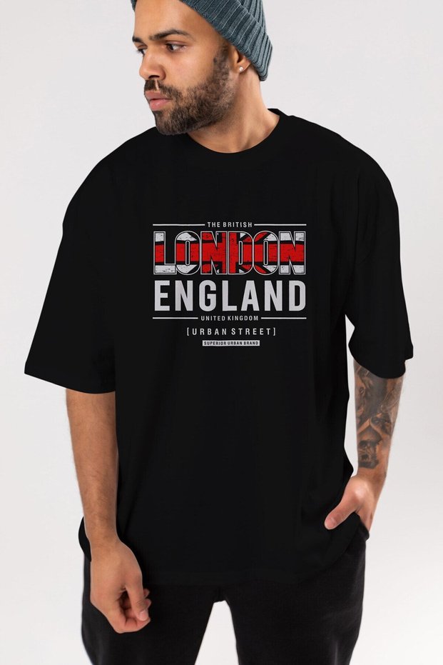 London England Printed Front Black Oversize T-shirt Unisex Men's Women's Crew Neck