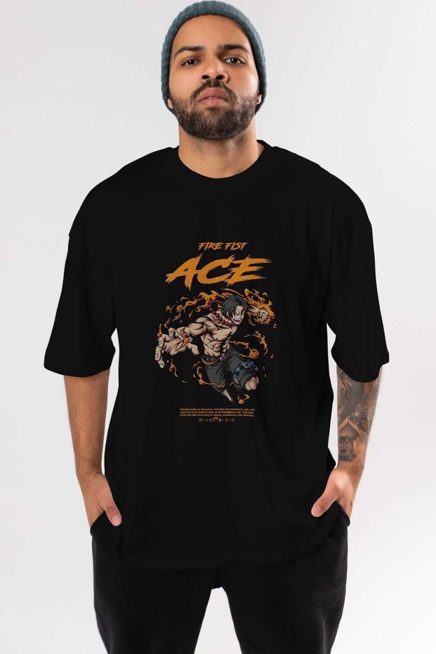 Fire Fist Ace Anime Front Printed Black Oversize T-shirt Men Women