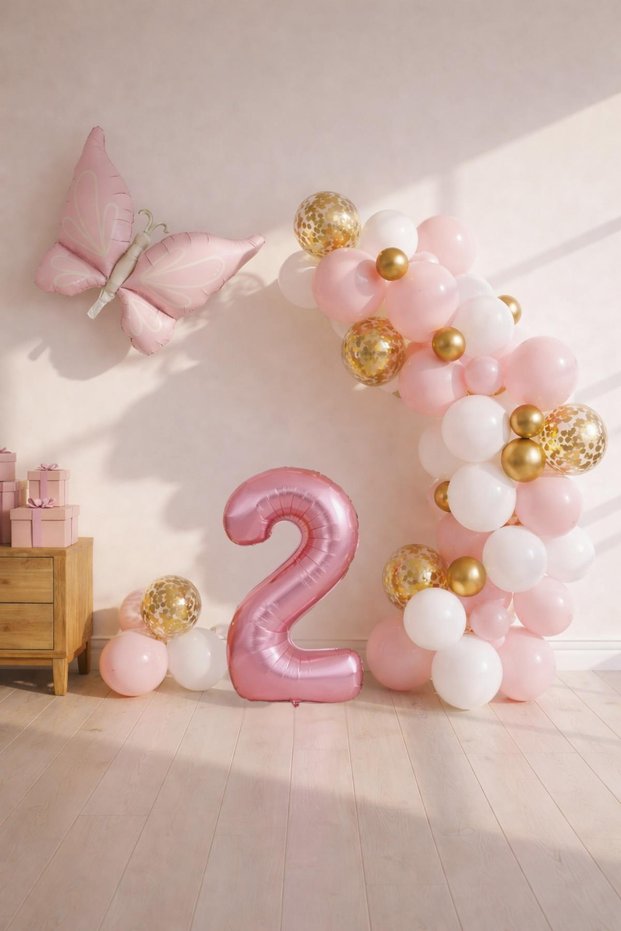 Butterfly Themed Pink 2Nd Birthday Balloon Set – Pink Gold Balloon Chain
