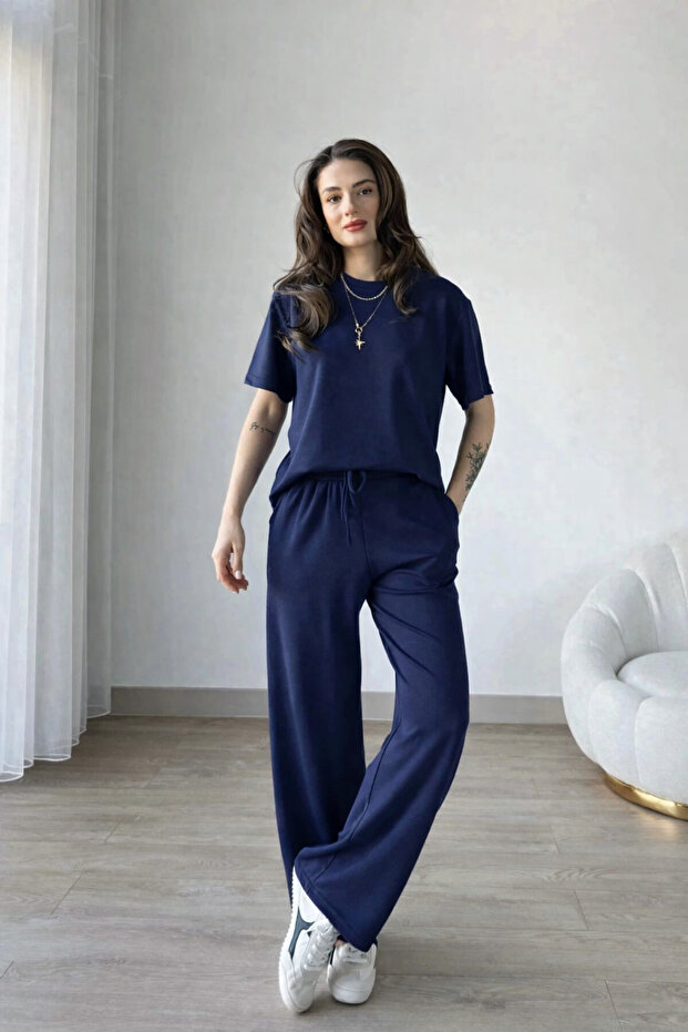 Women's Navy Blue Modal Fabric Short Sleeve Tracksuit Set