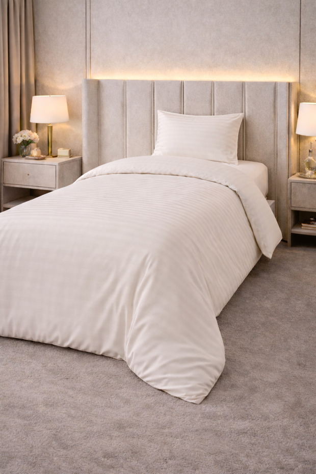 Cotton Satin Cream Striped Hotel Series Single Duvet Cover Set with Elastic Fitted Sheet