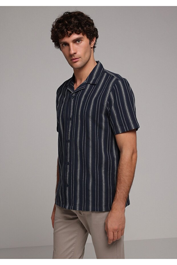 Regular Fit Shirt Neck Striped Men's Navy Blue Short Sleeve Shirt