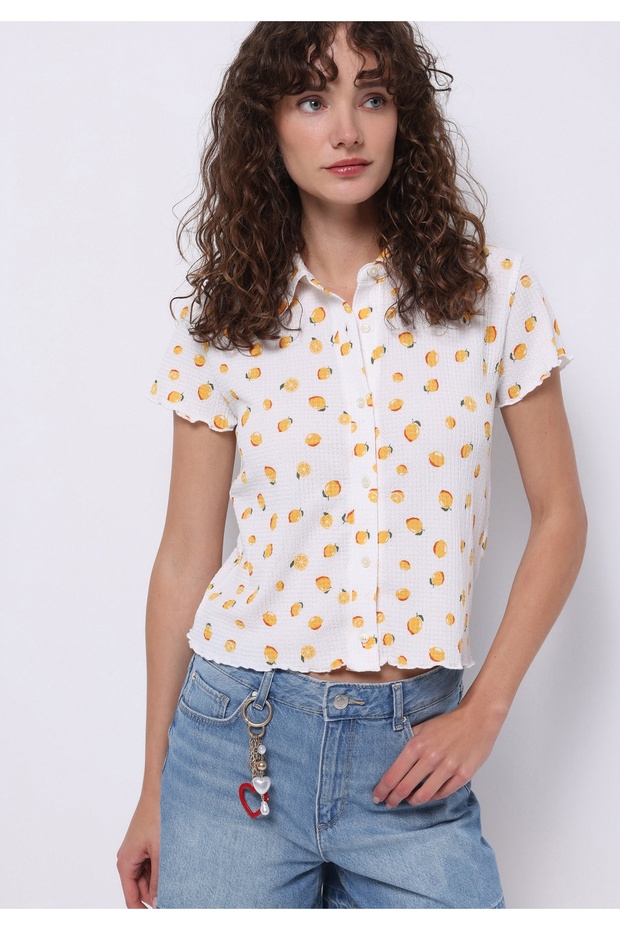 Slim Fit Shirt Neck Printed Women's Ecru Short Sleeve T-Shirt