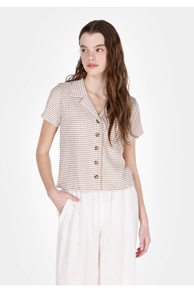 Slim Fit Polo Yaka Checked Women's Beige Short Sleeve Knitted T-Shirt