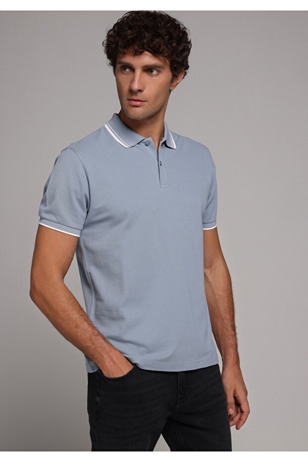 Regular Fit Polo Neck Plain Men's Blue Short Sleeve T-Shirt