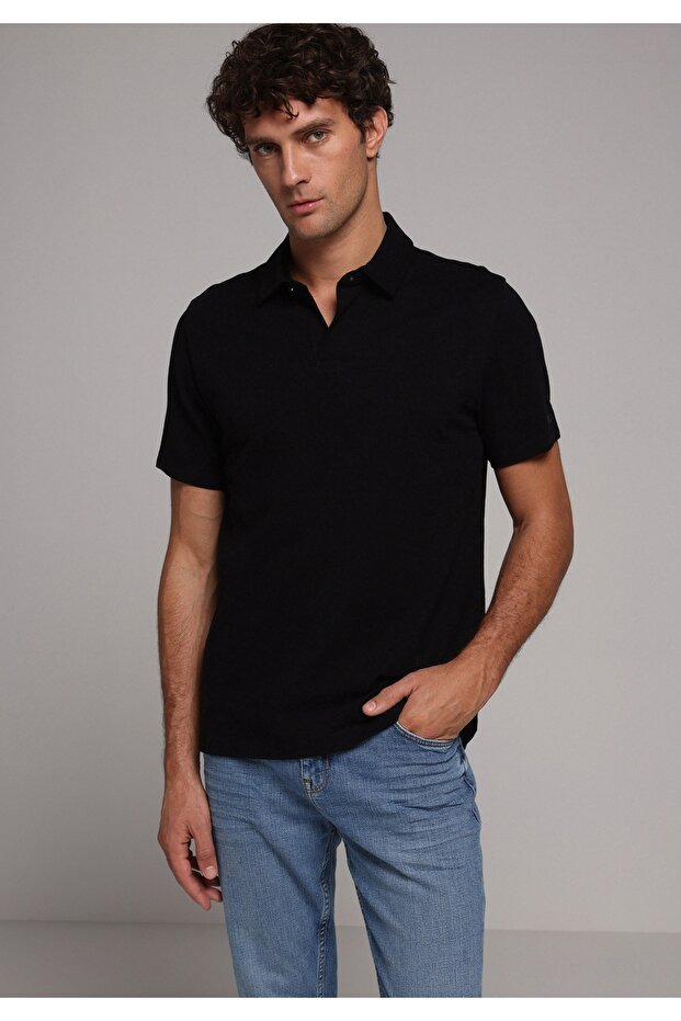 Regular Fit Polo Neck Plain Men's Black Short Sleeve T-Shirt