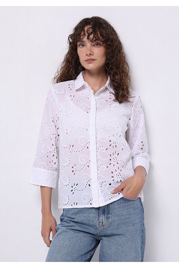 Regular Fit Cotton Lu Shirt Neck Embroidered Women's White Long Sleeve Shirt