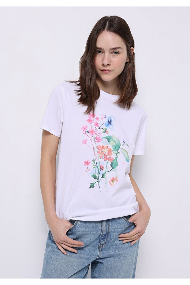 Regular Fit Round Neck Printed Women's White Short Sleeve T-Shirt