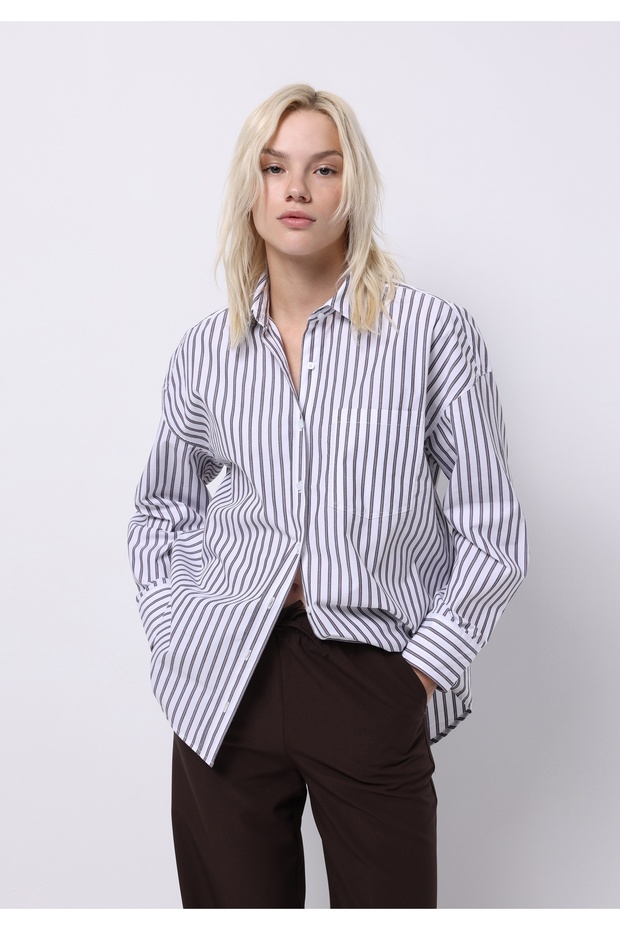 Relax Fit Shirt Neck Striped Women's Purple Long Sleeve Shirt