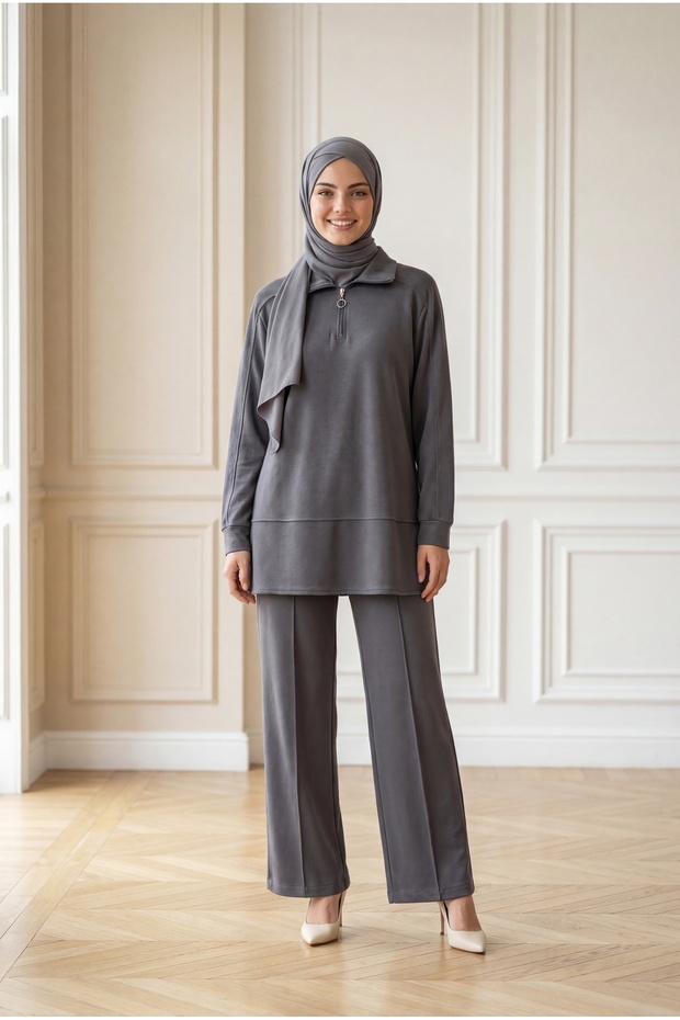 Sude Shoulder and Front Stitched Half-Zipper Trousers Set-Mf1845 Anthracite