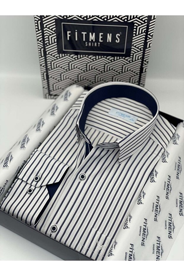 Classic Long Sleeve Thick Striped Gift Boxed Men's Shirt Fs-001260 - White Navy Blue