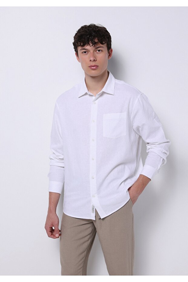 Relaxed Fit Shirt Neck Plain Men's Linen Blended White Long Sleeve Shirt