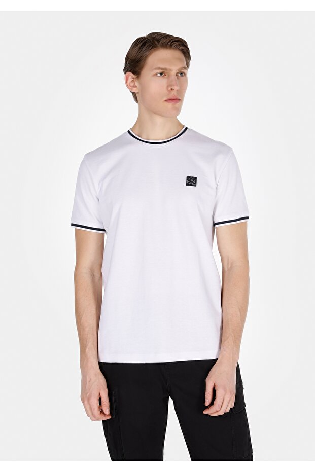 Regular Fit Round Neck Cotton of Jacquard Men's White Short Sleeve T-Shirt