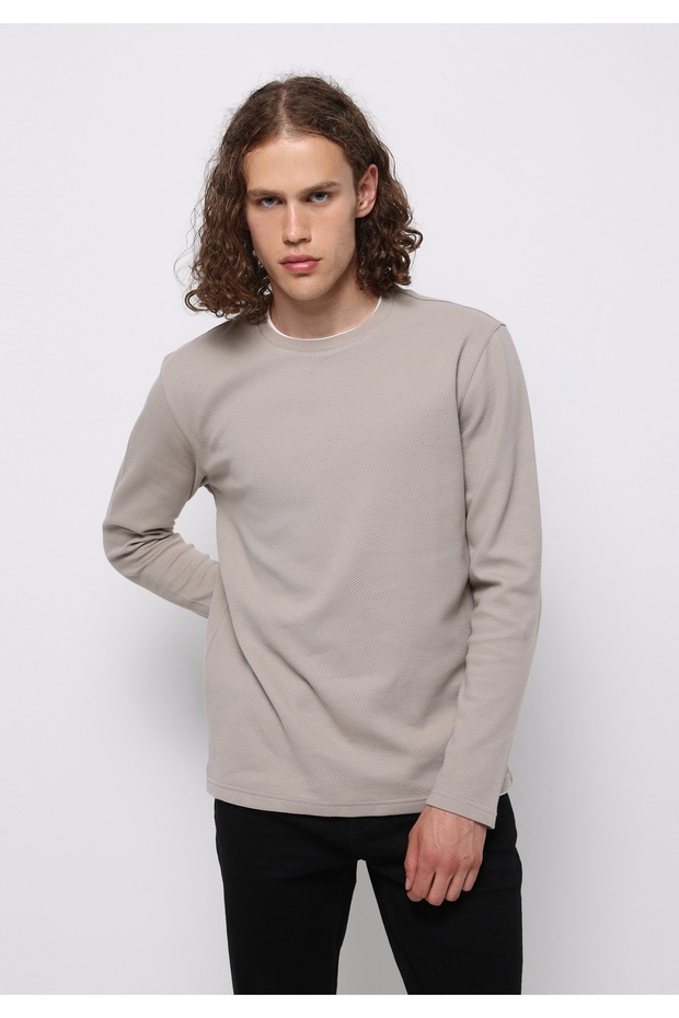 Regular Fit Round Neck Jacquard Men's Brown Long Sleeve T-Shirt