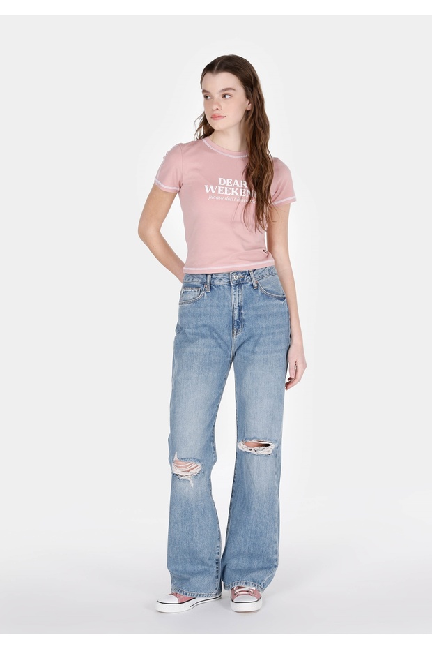 Straight Fit High Waist Full Length Leg Women's Mid Indigo Denim Jean Zipper Pants