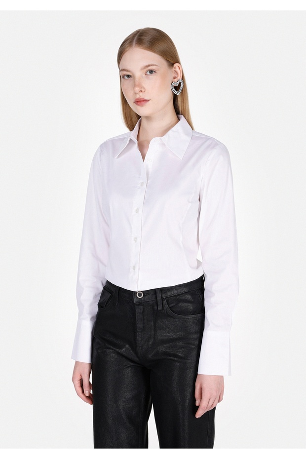 Slim Fit Shirt Neck Plain Women's White Long Sleeve Shirt