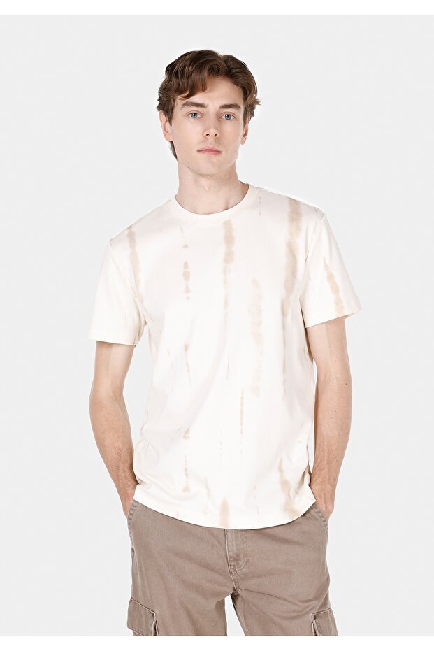 Regular Fit Round Neck Printed Men's Beige Short Sleeve T-Shirt