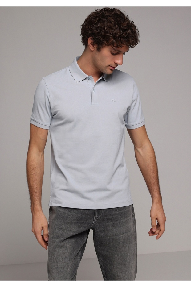 Regular Fit Polo Collar Plain Men's Blue Knitted Short Sleeve T-Shirt