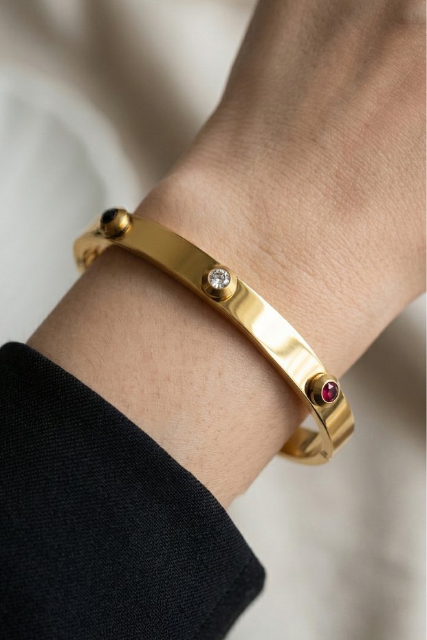 Steel 22K Colorful Stone Full Round Handcuff Non-Tarnish Women's Handcuff Bracelet