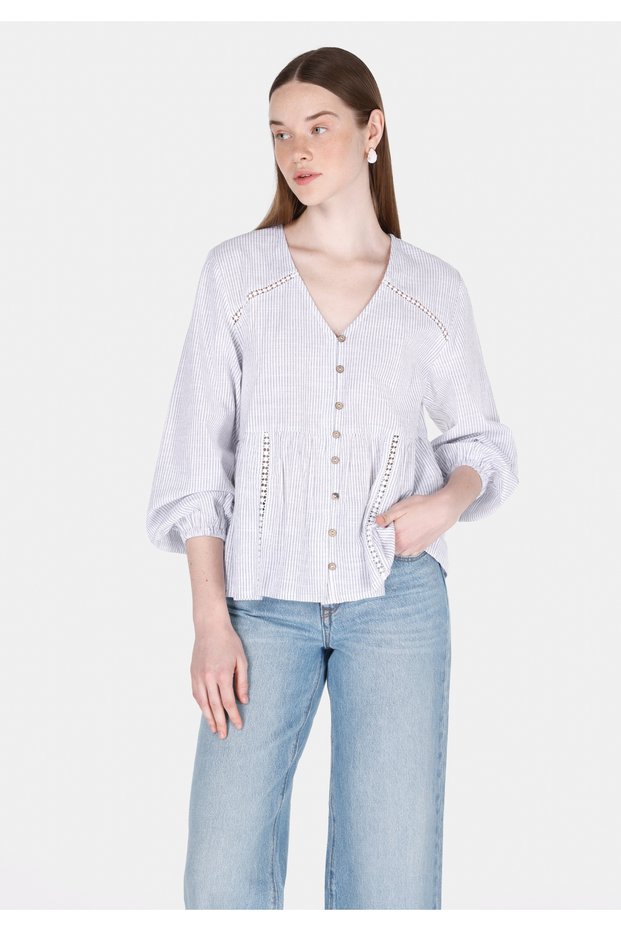 Regular Fit V-Neck Striped Women's White Long Sleeve Shirt