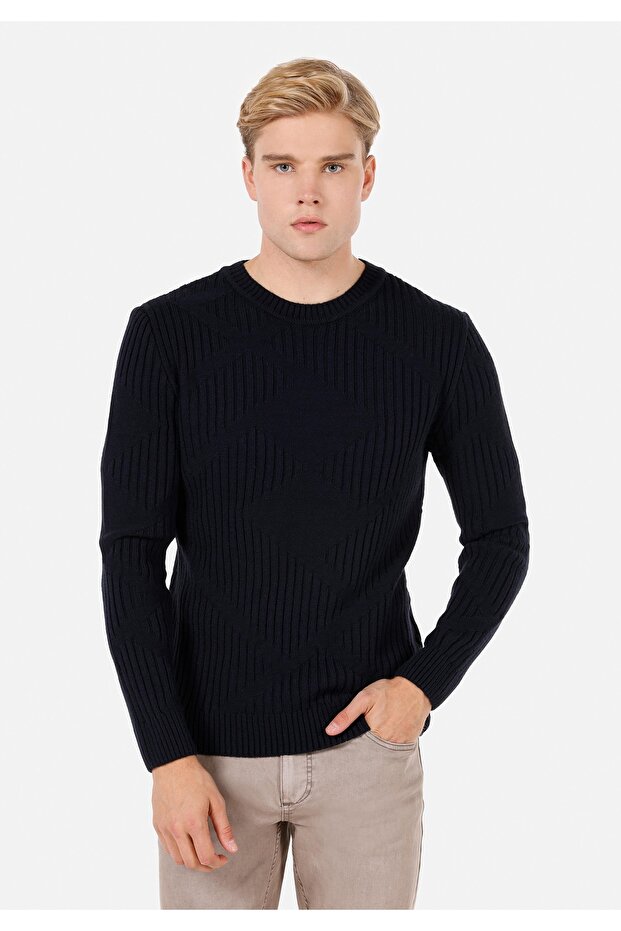 Regular Fit Round Neck Jacquard Men's Navy Blue Knitwear Sweater