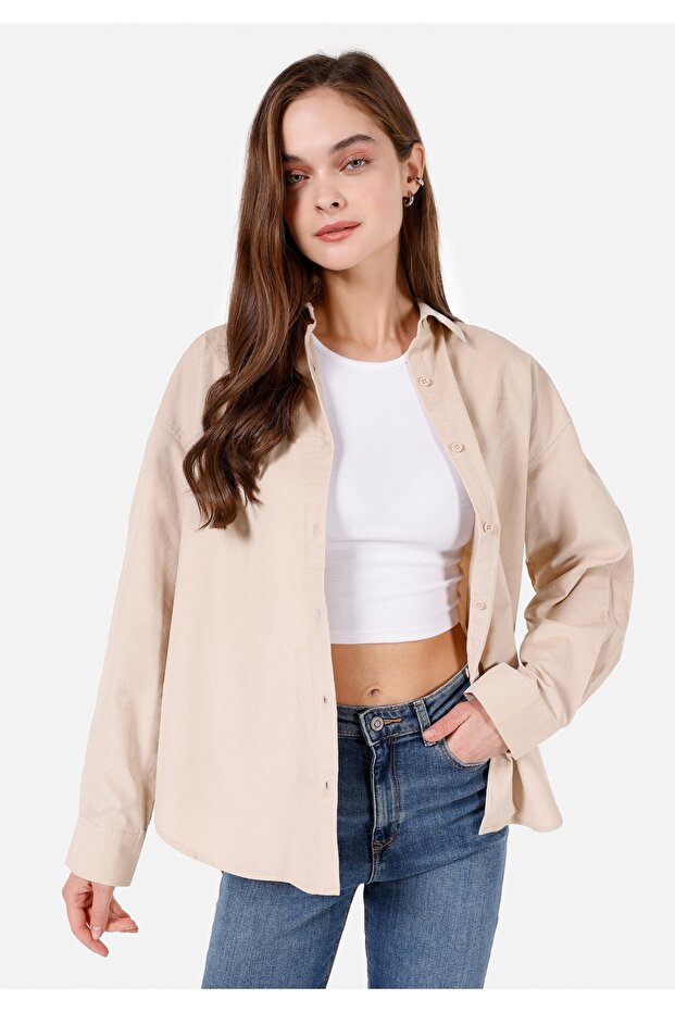 Regular Fit Shirt Neck Cotton Lu Plain Women's Beige Long Sleeve Shirt