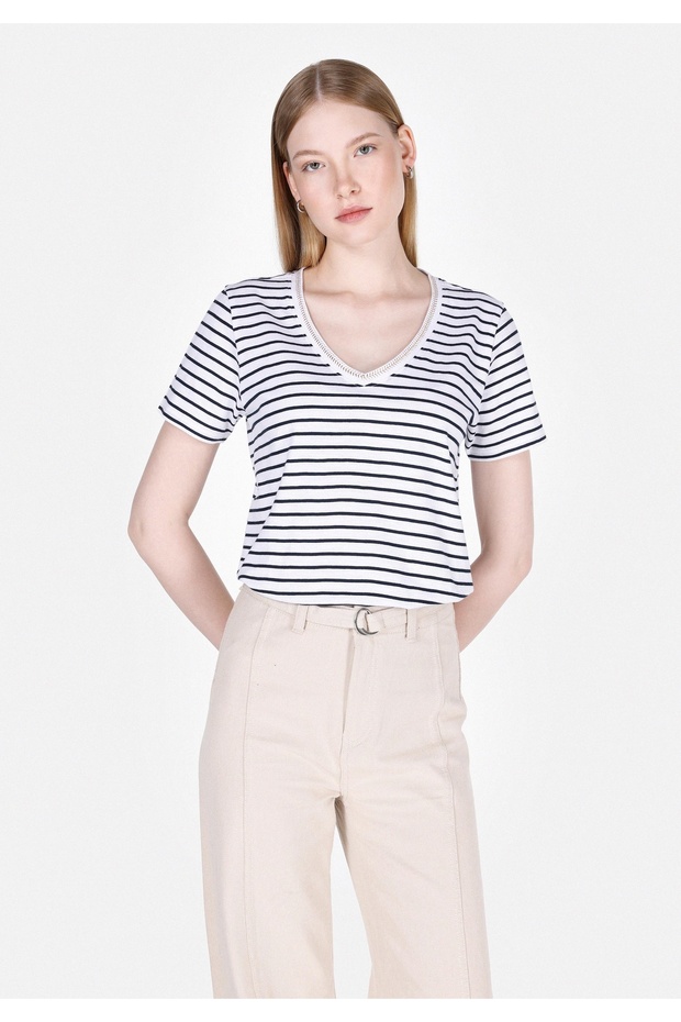 Regular Fit V-Neck Striped Women's Navy Blue Short Sleeve T-Shirt