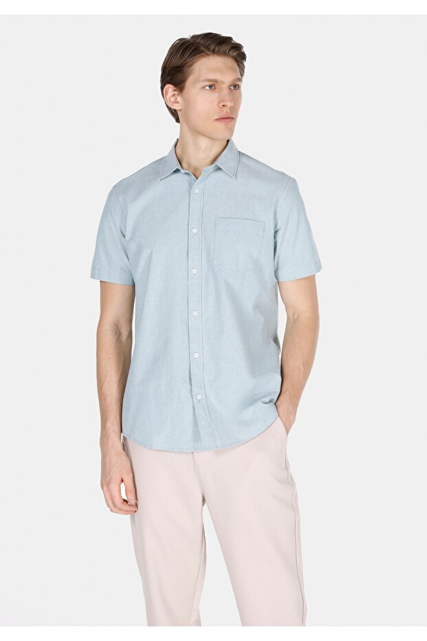 Regular Fit Shirt Neck Plain Men's Green Short Sleeve Shirt
