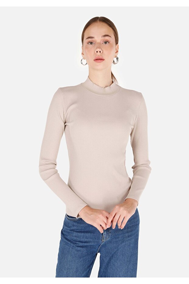 Slim Fit Stand Collar Plain Women's Beige Long Sleeve T-Shirt