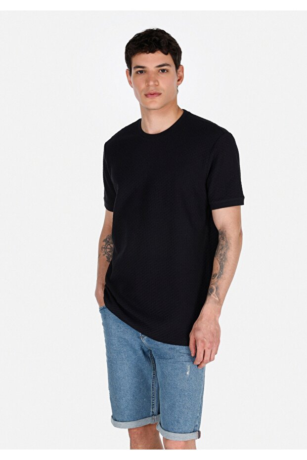 Regular Fit Round Neck Cotton Pack Jacquard Men's Black Short Sleeve T-Shirt