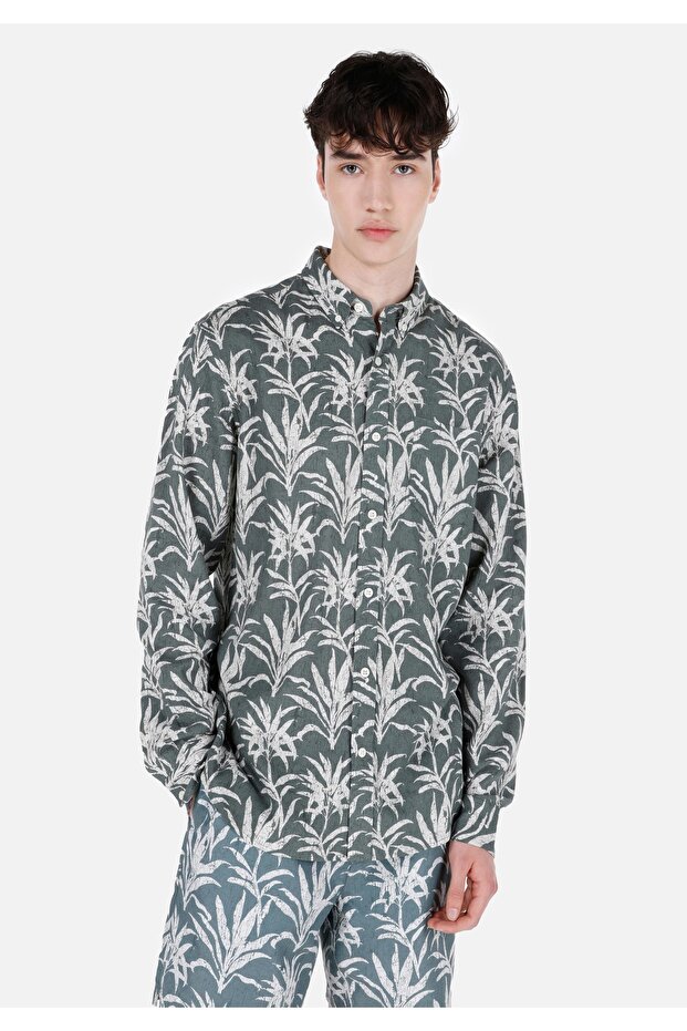 Regular Fit Shirt Neck Printed Pocketed Men's Green Long Sleeve Shirt