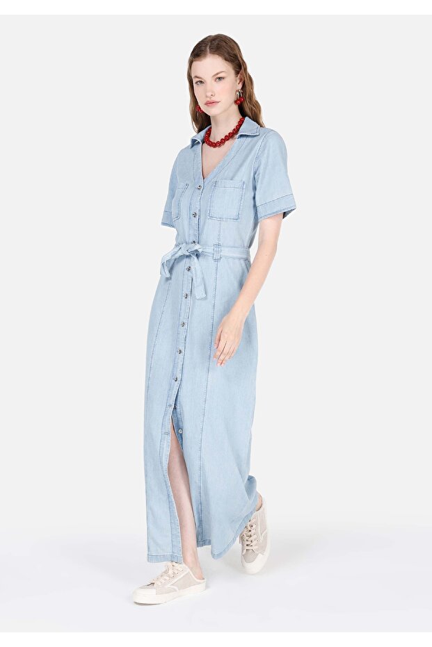 Slim Fit V Neck Belted Jean White Women's Dress