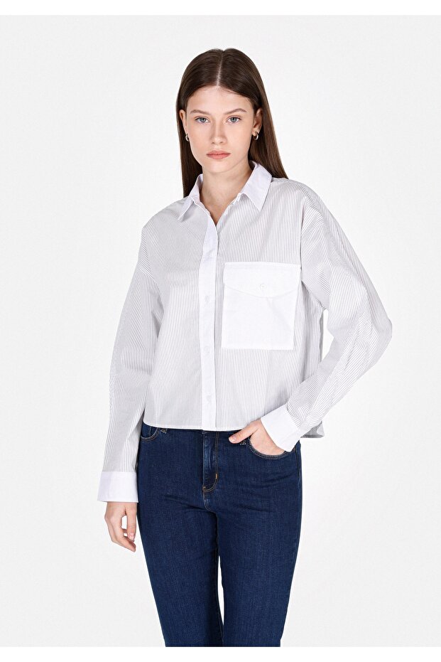 Regular Fit Shirt Neck Striped Women's Blue Long Sleeve Shirt