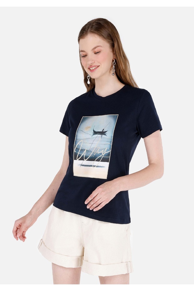 Women's Navy Blue T-Shirt - Sleeves