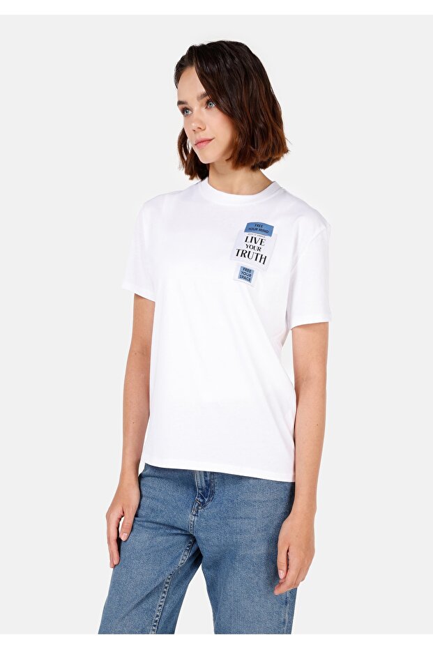 Regular Fit Crew Neck Printed White Women's Short Sleeve T-Shirt