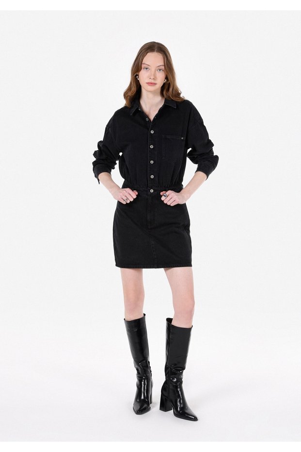 Slim Fit Straight Women's Black Long Sleeve Dress