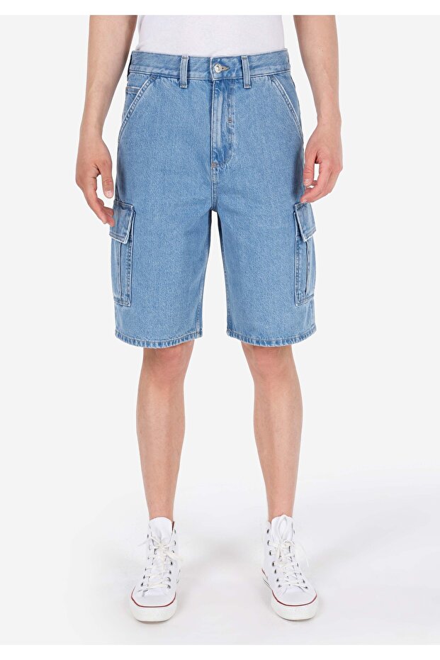 Cargo Fit Orta Bel Düz Erkek İndigo Jean Şort - 4
