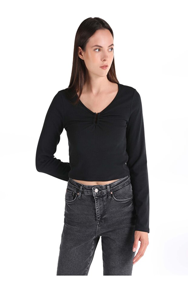 Slim Fit V Neck Knitted Plain Women's Black Long Sleeve T-Shirt
