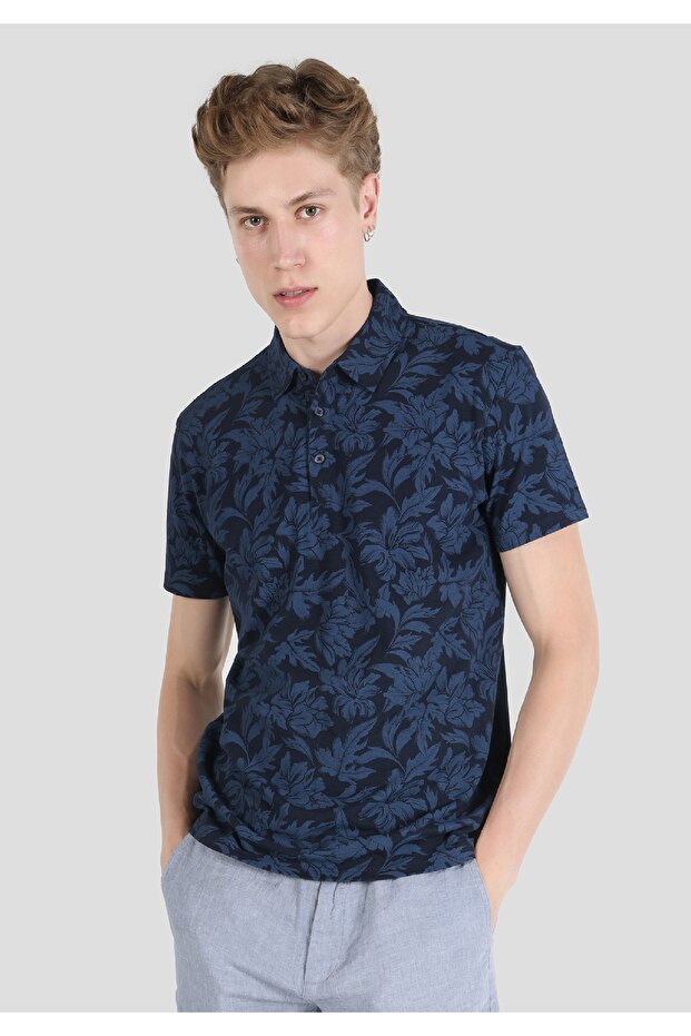 Regular Fit Polo Neck Printed Knitted Pocketless Men's Navy Blue Short Sleeve T-Shirt