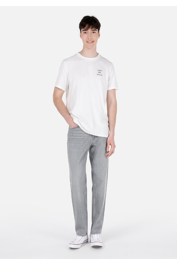 Loose Straight Fit Mid Waist Straight Leg Men's Gray Denim Jean Trousers