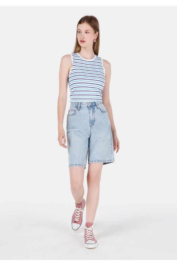 Regular Fit High Waist Ripped Detailed Women's Bleach Indigo Denim Jean Shorts