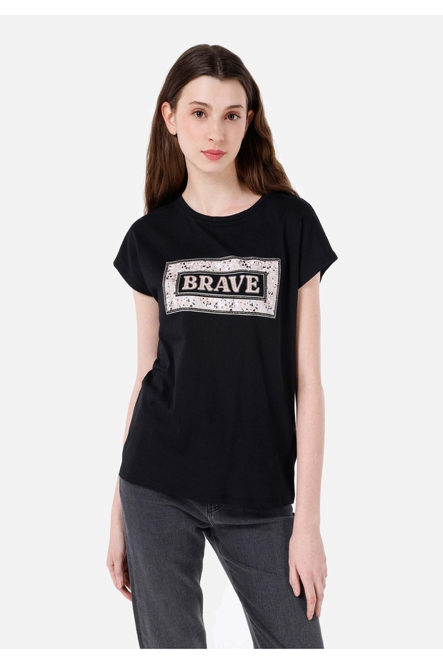 Regular Fit Crew Neck Printed Black Women's Short Sleeve T-Shirt Cl 1067935